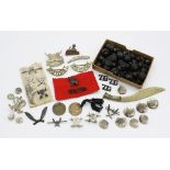 Of military interest inc. 7th Gurkha Rifles, assorted badges and pins, including a silver miniature