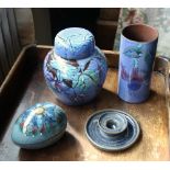 Three pieces of Guernsey Pottery and a Sark Pottery candlestick. (4),