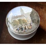 A Victorian Pratt ware pot lid, Cathedral scene with figures to front, with base.