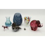 A Mdina glass vase, together with a Wedgwood glass elephant paperweight, Murano style glass