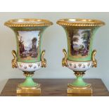 A pair of Derby style porcelain campana urns, probably Samson of Paris, late 19th century, in the