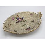 A first period Worcester porcelain double leaf dish, with moulded veining, decorated with floral