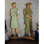 Toys of WW2 military interest, male and female two dimensional wooden cut out figures in uniform -