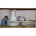 A large white china water pitcher by Meakin, plus two others, smaller etc.,