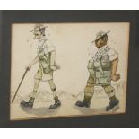 A watercolour cartoon of 7th Gurkha Rifles Regt. interest, depicting Major A. S. Mackay and Gabedan