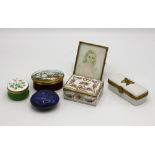 A Dresden porcelain trinket box, together with four other trinket boxes and a watercolour on