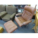 A 1970s Ekornes style stressless reclining lounge chair with ottoman, (not named with no