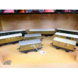 Six Hornby O Gauge LNER teak coaches/rolling stock, together with two Hornby Southern Railway coache