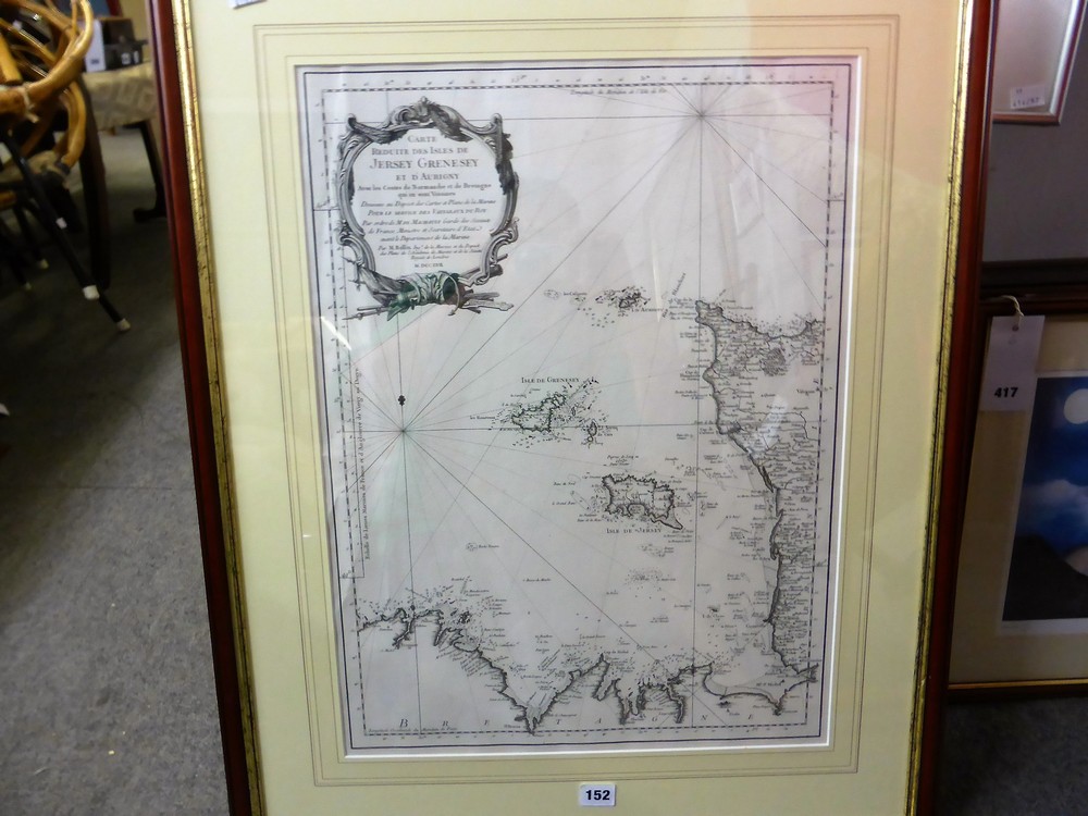 A framed antique sea chart of the Channel Islands by J. N. Bellin c1757.