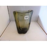 A Whitefriars glass 'Lobed Vase', 1950s, James Hogan, smoked olive green glass, of compressed