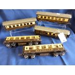 Five Hornby O gauge Pullman coaches, 1920's, comprising Arcadia (brake end), Loraine (dining),