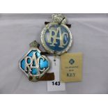Two vintage RAC car badges + telephone box key (3).