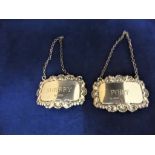 Two silver Francis Howard Sheffield decanter labels c1966 & c1975.