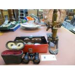 An antique Henry Crouch London brass microscope & accessories plus opera glasses.