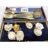 Army Temperance medal c1893, Liberation medal, sporting medals, silver spoons.