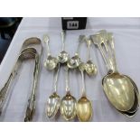 A quantity of antique silver spoons & tongs w450 grammes (13).