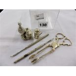 Silver sugar nips, pepper pot, pheasants, plated tooth picks (5).