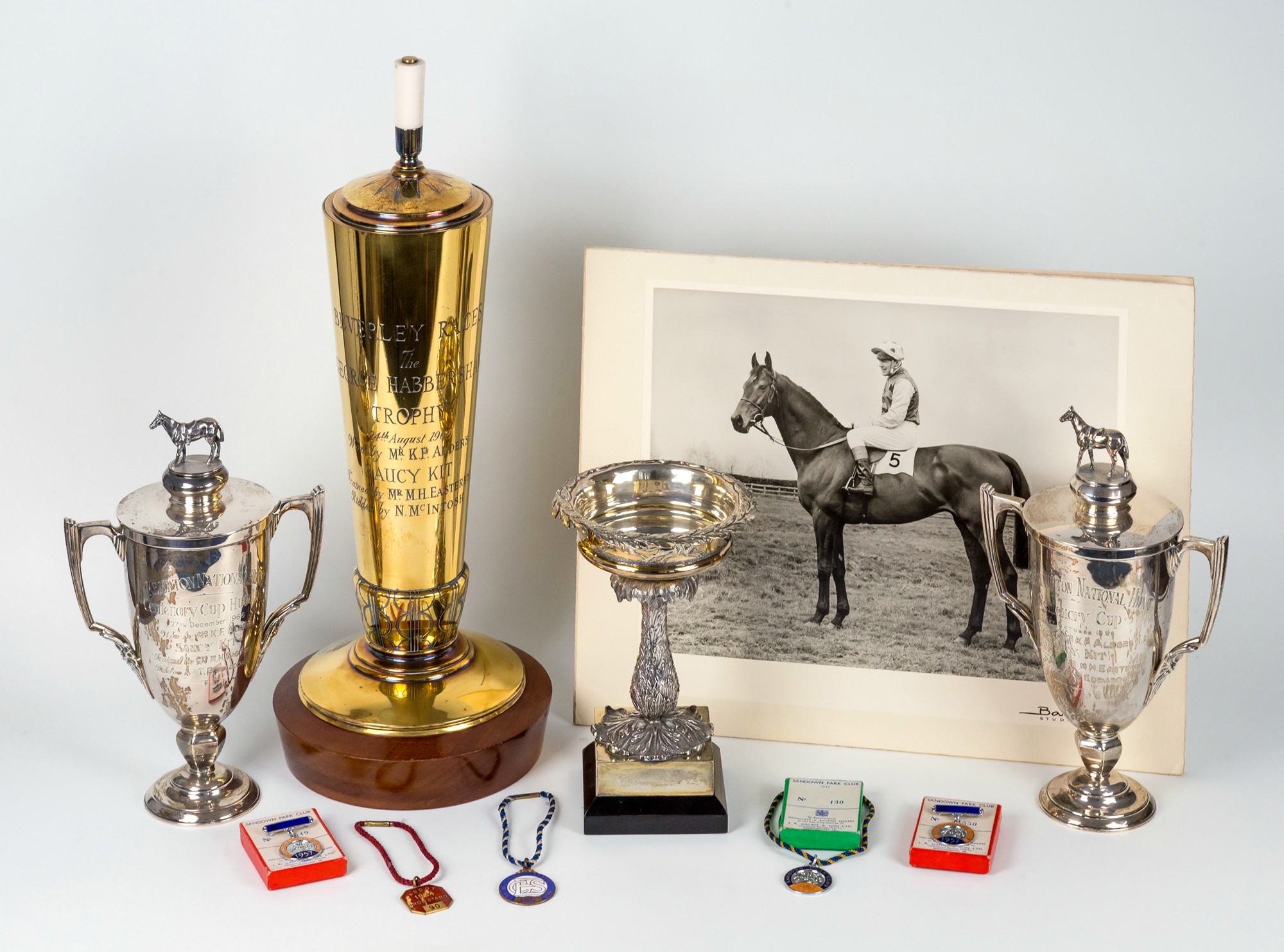 Horse racing and Champion Hurdle interest, four silver trophies awarded to the champion racehorse