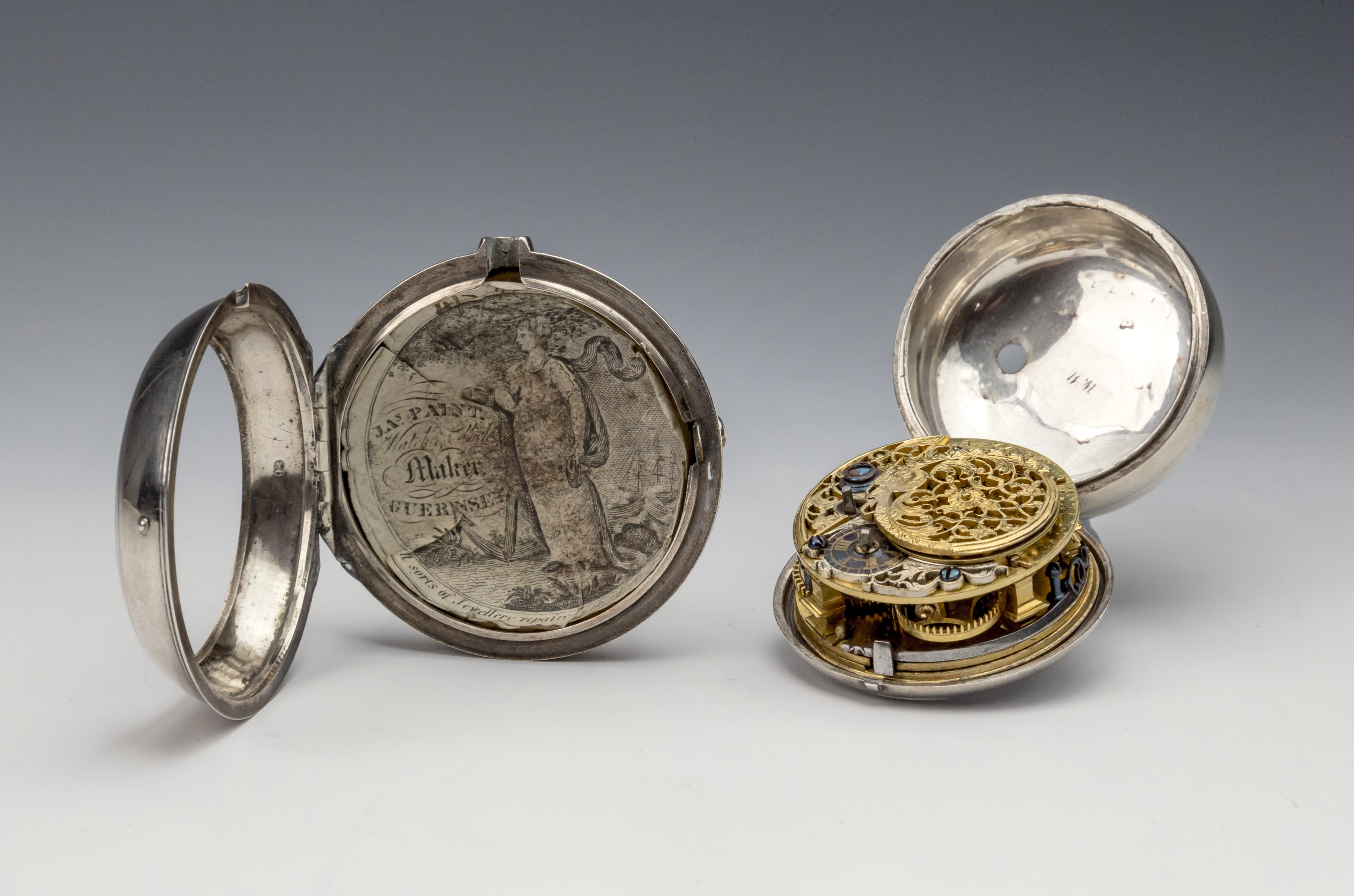 A George III silver pair cased fusee pocket watch by B. Rogers of London, the plain pair case - Image 2 of 3