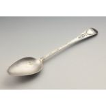 A Channel Islands silver bright cut Old English pattern soup spoon, maker's mark JLP, struck three