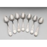 A set of seven George III Channel Islands silver fancy back teaspoons, maker's mark I.D struck twice