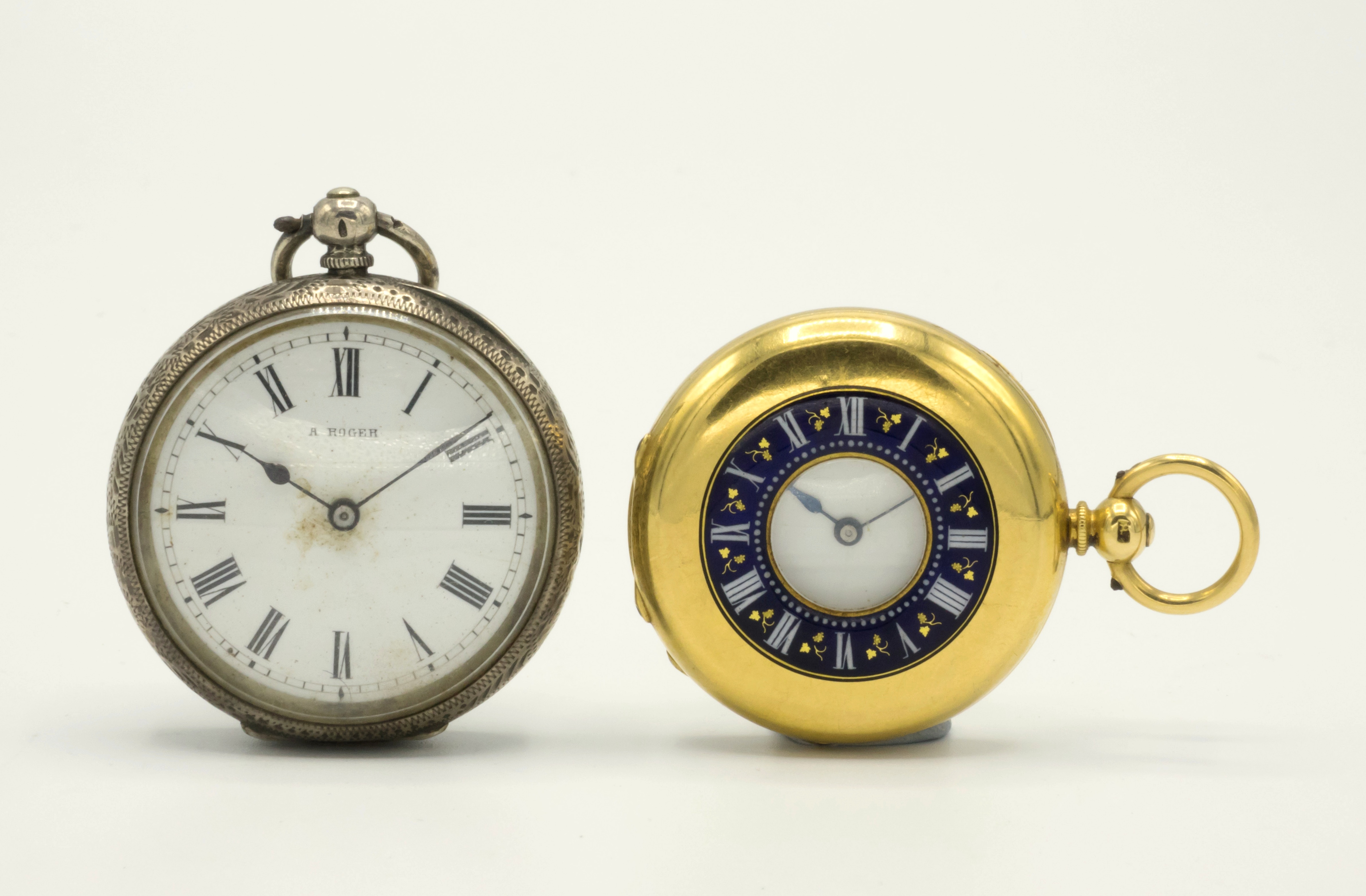 An 18ct gold and enamel cased half hunter fob watch, the dust cover signed by the retailer 'A. P.