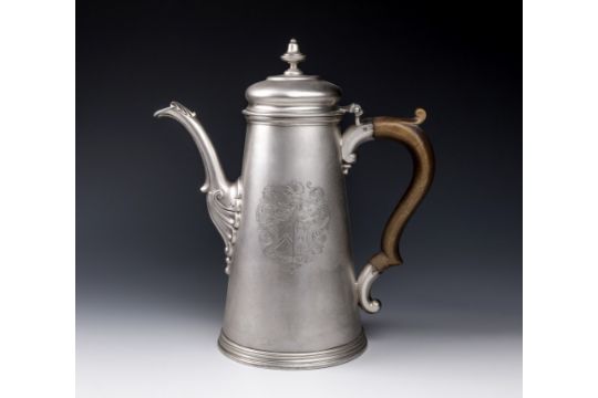 A fine and important George II Channel Islands silver coffee pot, maker's mark GH struck once to - Image 1 of 3