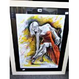 A framed watercolour depicting a lady in red by Ellectra.