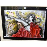 A framed watercolour depicting a lady in red by Ellectra.