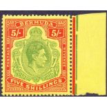 Bermuda Stamps : 1938 5/- Yellow Green, Red and Pale Yellow perf 13 ordinary paper.