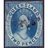 STamps: Queensland 1860 2d blue used, close margins,