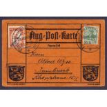 Postal History :1912 Rhein Maine Zeppelin Schwaben flight orange card with 10pf Luftpost stamp