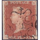 STAMPS : 1841 1d Red , four margin example cancelled by No 4 in MX. Scarce so fine.