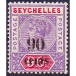 SEYCHELLES STAMPS : 1893 90c on 96c Mauve and Carmine.