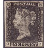 STAMPS : PENNY BLACK Plate 7 (CC) fine four margin example,