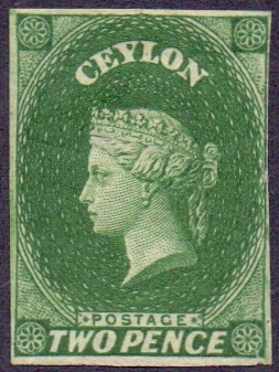 CEYLON STAMPS : 1857 2d Green, mounted mint small red dealer mark on reverse.