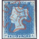 STAMPS 1840 Two Penny Blue Plate 1 (MA) Outstanding four margin example cancelled by red MX SG 5