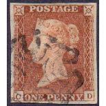 STAMPS : 1841 1d Red plate 9 very fine used, clear "O" flaw.