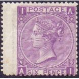 GREAT BRITAIN STAMPS : 1867 6d Mauve Plate 9, average mounted mint, short corner perf.