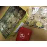 COINS : Small tin containing an amount of pre 1947 Silver coins (weighing approx 330g) plus a small