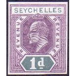 SEYCHELLES STAMPS : 1905 1d Revenue COLOUR TRIAL in Purple and Deep Green.