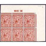 GREAT BRITAIN STAMPS : 1924 1 1/2d Red Brown, unmounted mint control E26 block of 6 ,