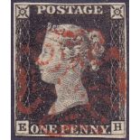 STAMPS : PENNY BLACK Plate 2 (EH) four margin cancelled by red MX