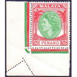 STAMPS : 1954 Penang $2 marginal unmounted mint showing a mis-perf due to a paper fold.