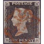 STAMPS : PENNY BLACK Plate 2 Grey Black fine four margin example lettered (HD), cancelled by red MX.