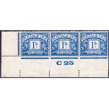 GREAT BRITAIN STAMPS : 1924 1/- Postage Due lightly mounted mint C25 control strip of 3,