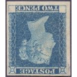 STAMPS: 1841 2d Blue TRIAL with blank corners and inverted watermark, with gum.