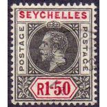 SEYCHELLES STAMPS : 1912 1r 50 Black and Carmine "SPLIT A".