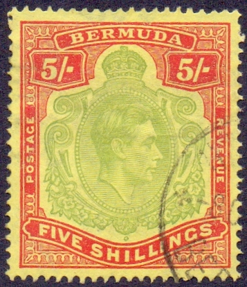 BERMUDA STAMPS : 1939 5/- Pale Green and Red Yellow, perf 14,