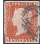 STAMPS : 1841 1d Red plate 108 fine four margin example cancelled by Blue Numeral.